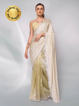 Modeva - Womens Radiant & Effortlessly Elegant Partywear Pre Draped Saree with Unstitched Blouse