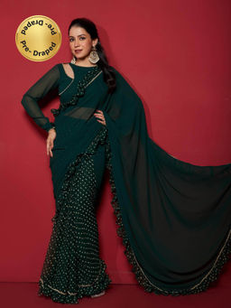 NUD - Opal Green Pre-Draped Frilled Saree with Stitched Blouse and Petticoat