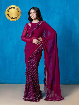 NUD - Aster Violet Pre Draped Frilled Saree with Stitched Blouse and Petticoat
