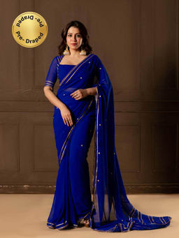 NUD - Copper Blue Saree with Stitched Blouse and Petticoat