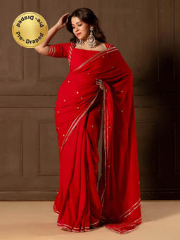 NUD - Cherry Red Embroided Saree with Stitched Blouse and Petticoat