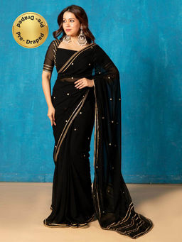 NUD - Black Embroided Saree with Stitched Blouse and Petticoat