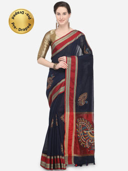Stylee LIFESTYLE - Navy Blue Art Silk Printed Saree With Un-Stitched Blouse