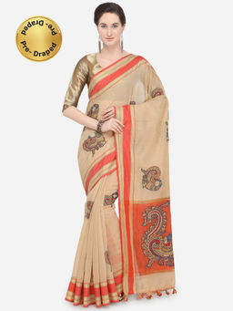 Stylee LIFESTYLE - Beige Art Silk Printed Saree With Un-Stitched Blouse