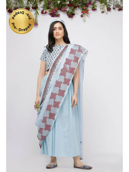 Tjori - Blue Kota Hand-Block Printed Saree Without Blouse