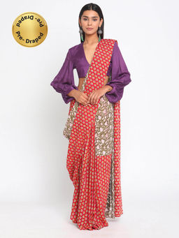 trueBrowns - Red Olive Green Hand Block Printed Ready Pleated Silk Saree without Blouse