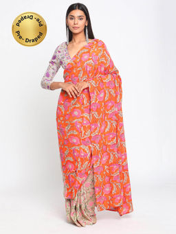 trueBrowns - Orange Green Hand Block Printed Ready Pleated Silk Saree without Blouse