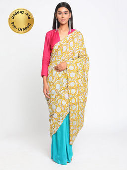 trueBrowns - Aqua Yellow Hand Block Printed Ready Pleated Silk Saree without Blouse