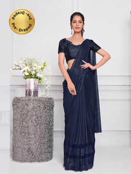 Odette - Rich Blue Pre-Draped Saree with Unstitched Blouse
