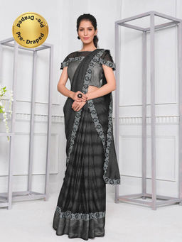 Odette - Horizontal Self-Striped Black & Grey Pre Draped Saree with Unstitched Blouse