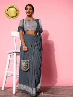 Odette - Grey Solid Poly Silk Saree with Unstitched Blouse