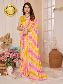 Odette - Women Yellow & Pink Georgette Printed Ready To Wear Saree & Belt with Unstitched Blouse