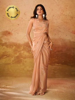 Odette - Beige Organza Ready To Wear Saree with Belt and Stitched Blouse for Women