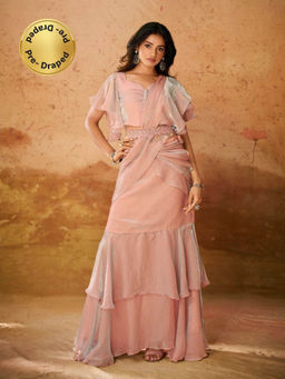 Odette - Pink Organza Ready To Wear Saree with Belt and Stitched Blouse for Women