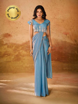 Odette - Blue Organza Ready To Wear Saree and Stitched Blouse for Women