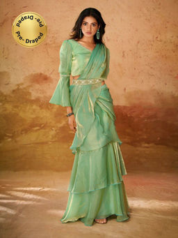 Odette - Green Organza Ready To Wear Saree with Belt and Stitched Blouse for Women