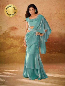 Odette - Turquoise Organza Ready To Wear Saree with Belt and Stitched Blouse for Women