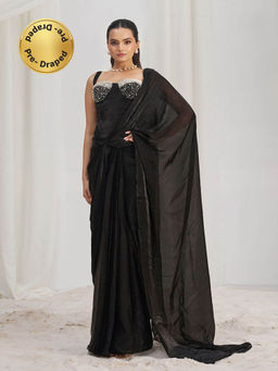 Odette - Black Solid Ready To Wear Saree with Stitched Blouse