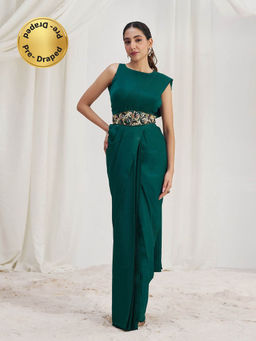 Odette - Green Solid Ready To Wear Saree with Stitched Blouse with Belt
