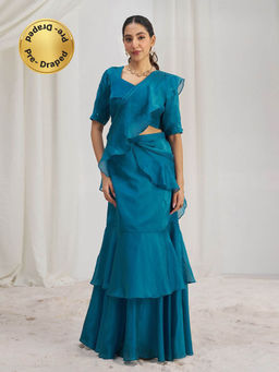 Odette - Blue Solid Ready To Wear Saree with Stitched Blouse