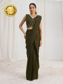 Odette - Olive Solid Ready To Wear Saree with Stitched Blouse