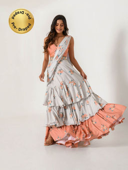 Pasha India - Scarlet Orange Grey Ruffle Saree with Stitched Blouse