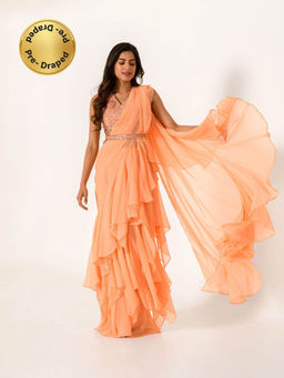 Pasha India - Embellished Orange Chiffon Ruffle Saree with Stitched Blouse