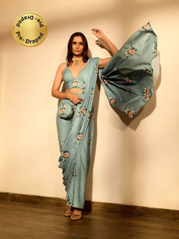 Pasha India - Dusty Green Sequins Pre-Draped Saree with Stitched Blouse