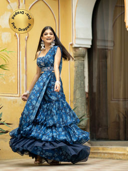 Pasha India - Midnight Blue Ruffle Saree with Stitched Blouse