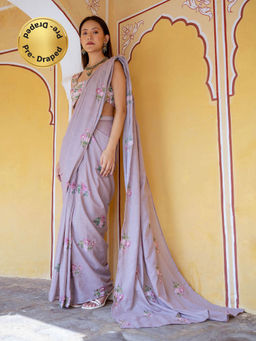 Pasha India - Mocha Grey Floral Polka Dot Concept Saree with Stitched Blouse