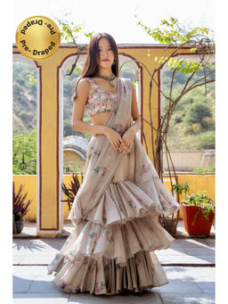 Pasha India - Moss Green Ruffle Saree with Stitched Blouse
