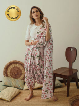 Pasha India - Soft Pink Berry Floral Dhoti Saree Top (Set of 2)
