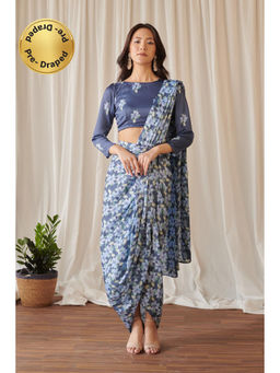 Pasha India - Women Floral Blue Pre-Draped Saree with Stitched Blouse