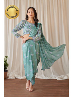 Pasha India - Women Floral Green Pre-Draped Saree with Stitched Blouse