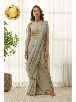 Pasha India - Moss Green Ready Saree with Stitched Blouse
