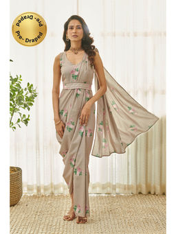 Pasha India - Mocha Brown Polka Dot Saree Dress with Stitched