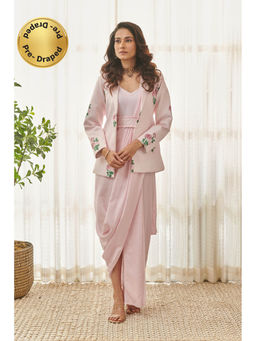 Pasha India - Sweet Pink Polka Dot Saree Dress and Blazer with Stitched