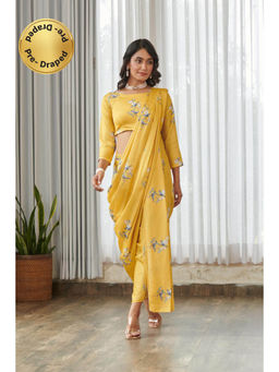 Pasha India - Kesar Yellow Dhoti Style Pre-Draped Saree with Stitched Blouse