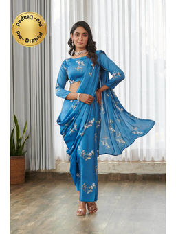 Pasha India - Indra Blue Dhoti Style Pre-Draped Saree with Stitched Blouse