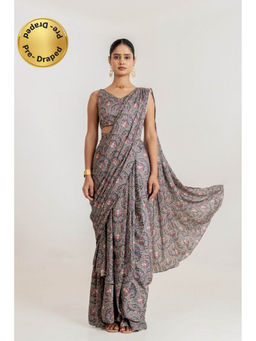 Pasha India - Black Botanica Ultra Draped Saree with Stitched Blouse