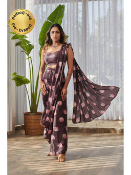 Pasha India - Raisin Pant Saree With Stitched Brown Blouse