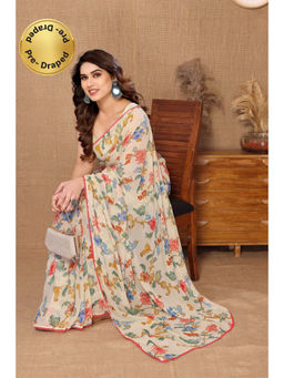 Pink Ethnic - Beige Floral Print Georgette Ready To Wear Saree with Unstitched Blouse