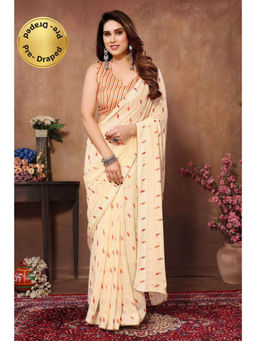 Pink Ethnic - Beige Printed Georgette Ready To Wear Saree with Unstitched Blouse