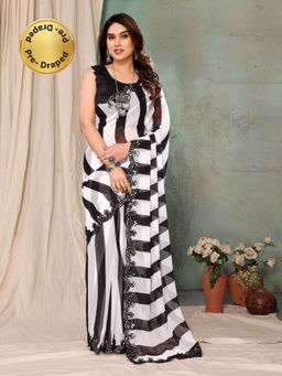 Pink Ethnic - Black and White Stripes Georgette Ready To Wear Saree with Unstitched Blouse