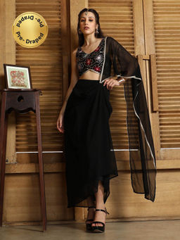 Qissa - Women Onyx Black Periwinkle Pre-Draped Saree With Stitched Blouse