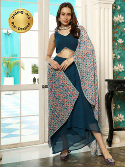 Qissa - Women Midnight Blue Pleated-Block Imprint Pre-Draped Saree With Stitched Blouse