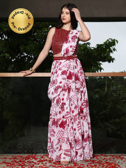 Qissa - Women Maroon Mirror Block Pre-Draped Saree With Stitched Blouse And Belt