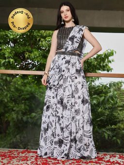 Qissa - Women Midnight Black Mirror Block Pre-Draped Saree With Stitched Blouse And Belt
