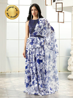 Qissa - Women Blue Mirror Block Pre-Draped Saree With Stitched Blouse And Belt