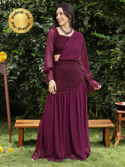 Qissa - Women Dark Wine Textured-Block Pre-Draped Saree With Stitched Blouse